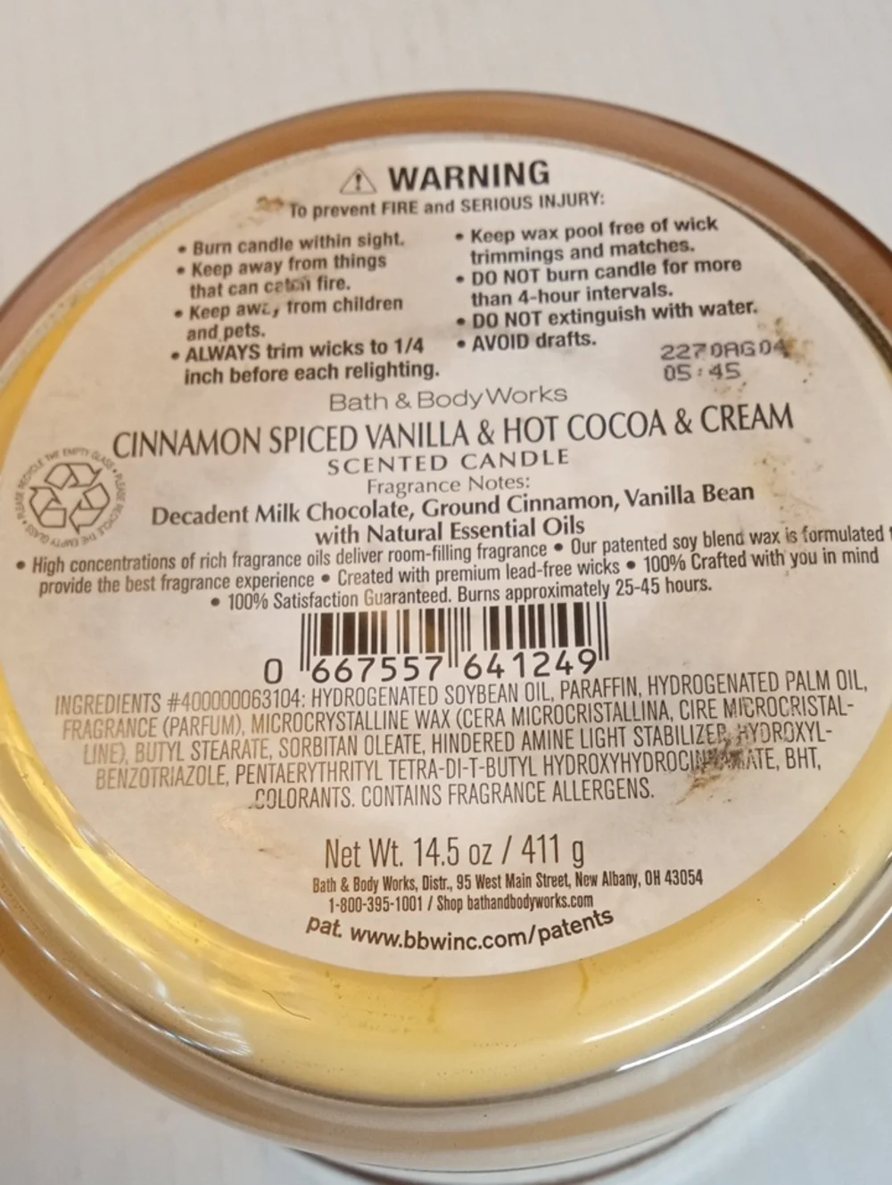 Candle Cinnamon Spiced Vanilla & Hot Cocoa & Cream Bath & Body Works 3 Wick